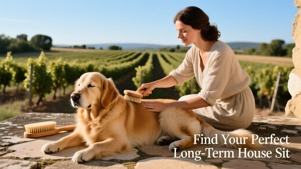 Sitter gently brushing a calm golden retriever on a sunny French terrace overlooking vineyards