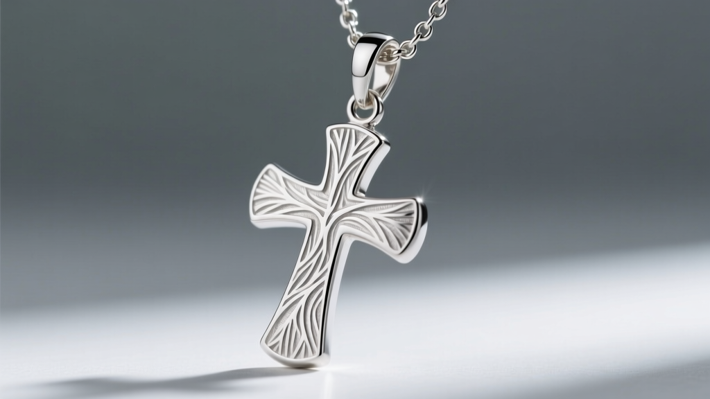 Macro shot of die-struck sterling silver sideways cross necklace, showing dense metal grain and secure soldered jump ring.