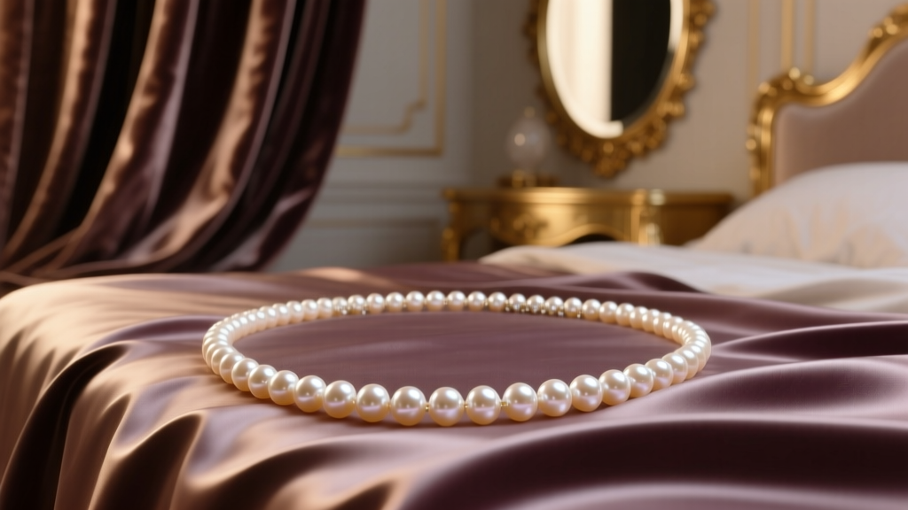 Akoya pearl opera rope draped elegantly across silk sheets in a dimly lit romantic boudoir setting with soft warm lighting