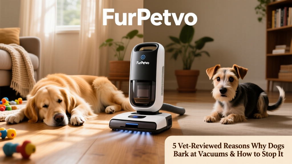Side-by-side comparison showing a calm dog resting beside a FurPetVo vacuum versus a stressed dog cowering nearby