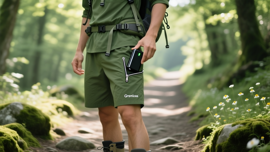 Hiker in olive Gramicci gadget shorts on a trail, pulling a sleek Nitecore power bank from a dedicated tech pocket.