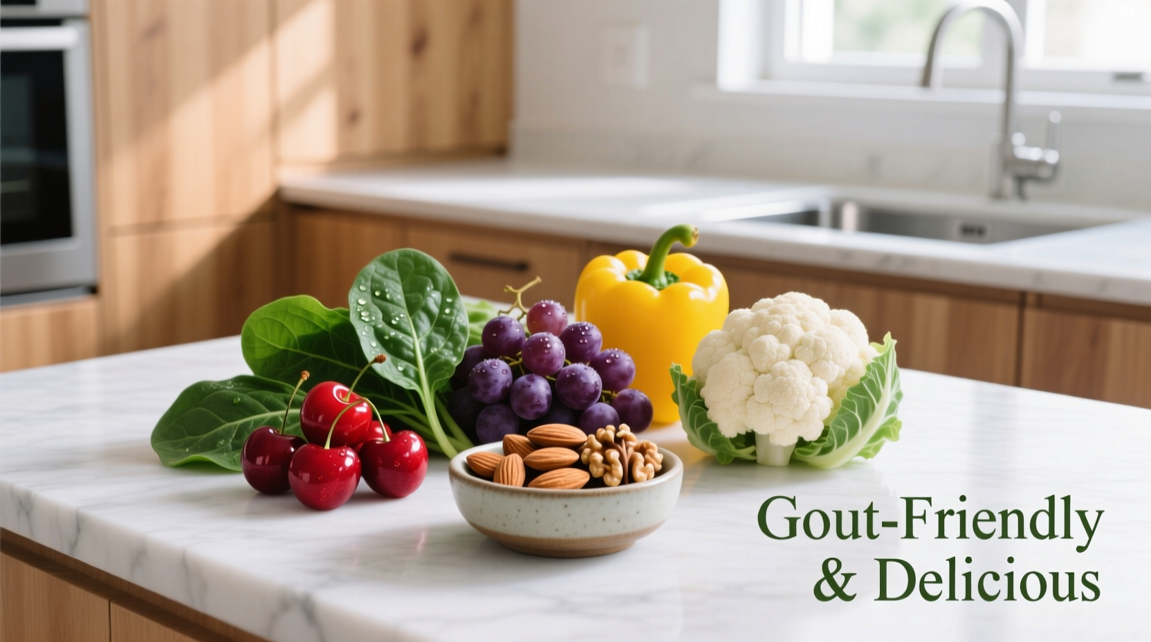 Colorful gout-friendly foods arrangement
