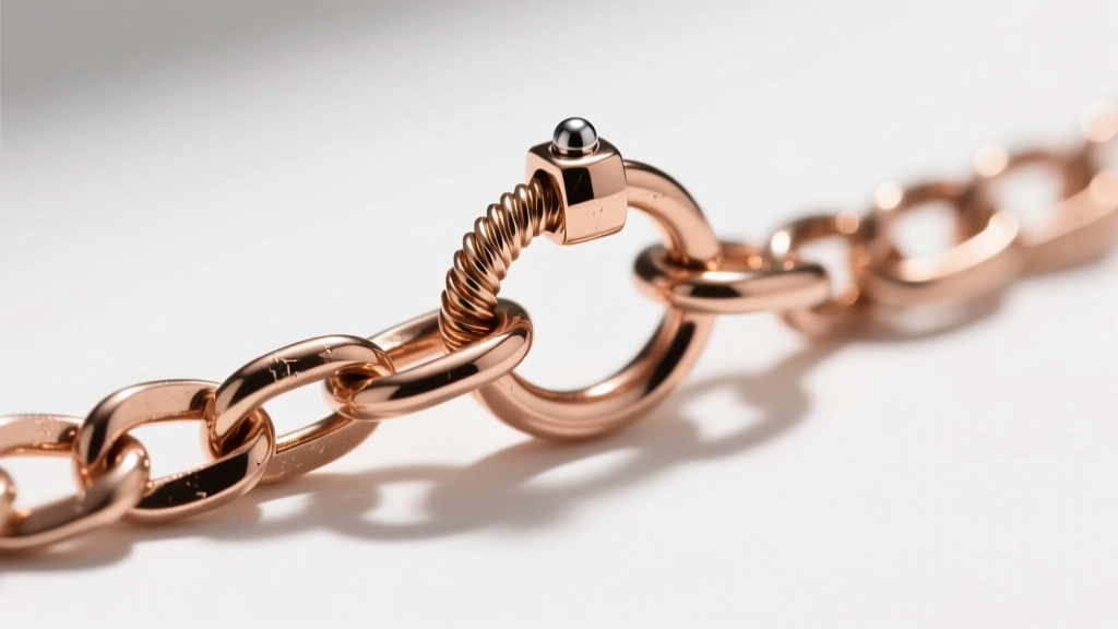 Macro shot of an 18-gauge rose gold rolo chain connected via a seamless jump ring to a 14-gauge threaded dermal top loop
