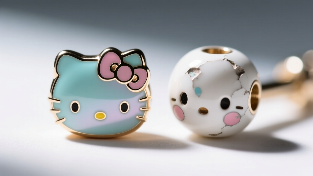 Macro of authentic enamel Hello Kitty bead beside a fake, showing chipped paint and misaligned facial features under bright lighting