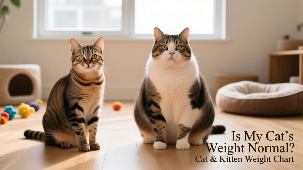 Side-by-side comparison of a healthy cat and an overweight cat, highlighting visible waistline and rib palpation