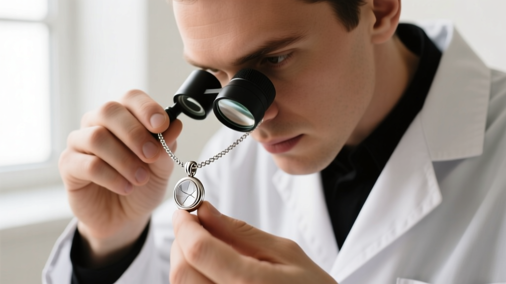 Jeweler inspecting a kartush necklace bail with a loupe, showing microscopic friction wear on the thick connecting jump ring.