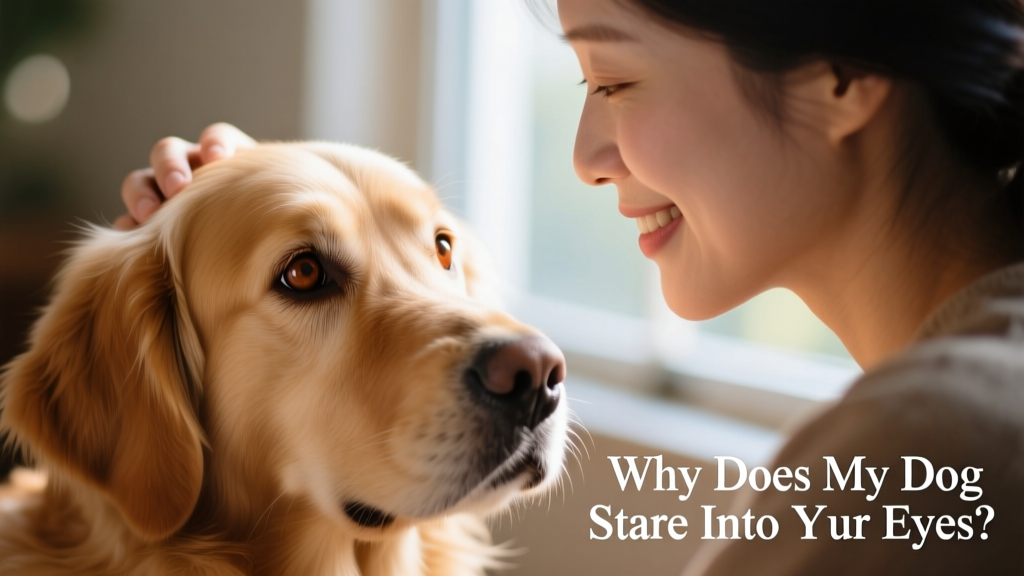 A close-up photo of a dog making gentle, affectionate eye contact with its owner