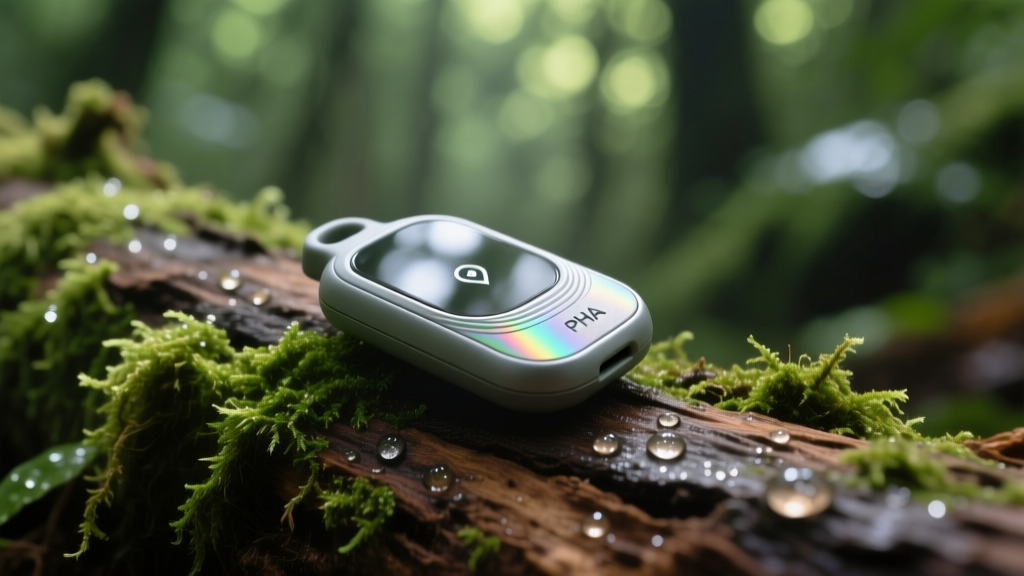 Close-up of a biodegradable PHA bioplastic GPS tracker resting on a mossy log, showcasing its seamless integration with nature.