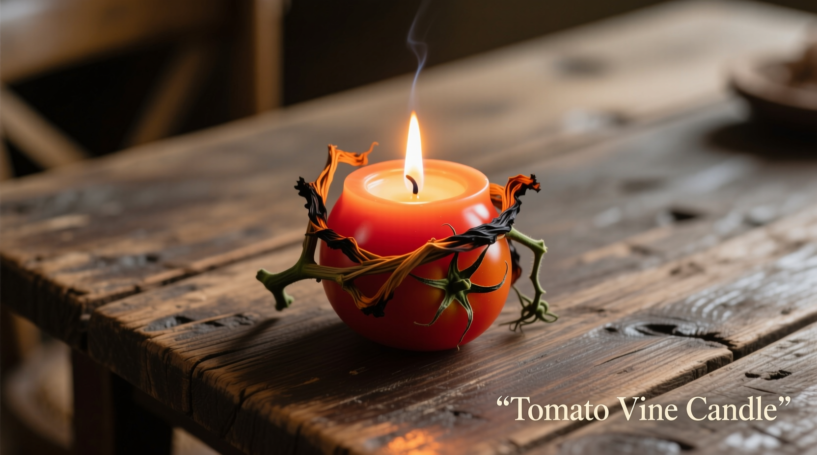 Tomato vine candle burning on wooden table
