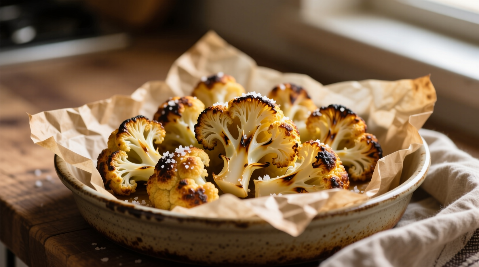 Golden brown baked cauliflower florets on parchment paper