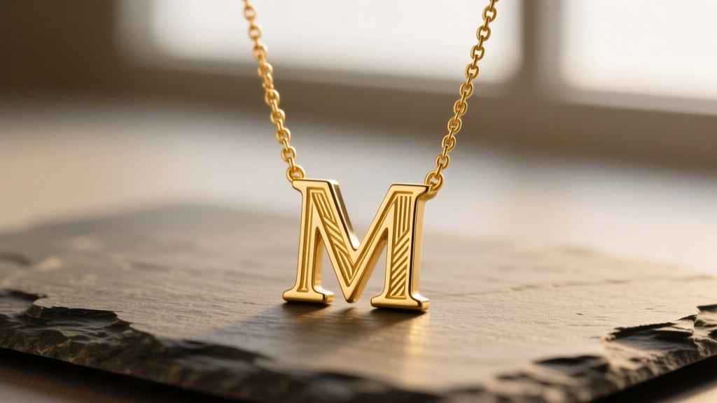 Macro shot of a 14k yellow gold initial necklace on slate, showing crisp laser engraving of the letter M in soft light.