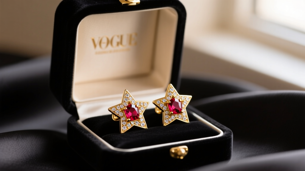 Close-up of a velvet jewelry box revealing 14k gold red star earrings with pavé ruby accents resting on dark silk fabric
