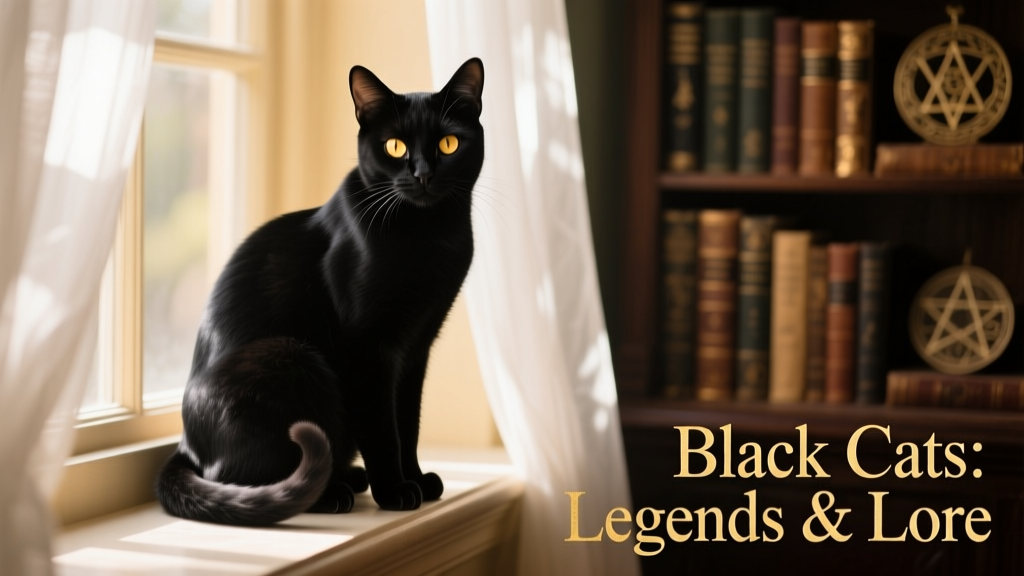 A sleek black cat sitting calmly on a sunlit windowsill