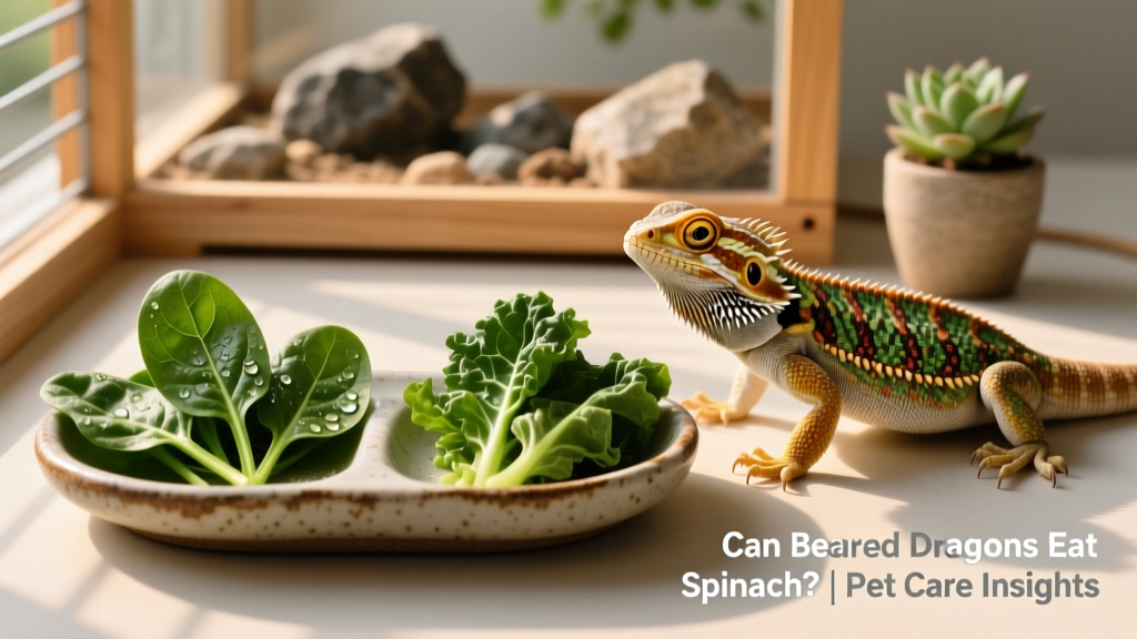 Side-by-side comparison of spinach and collard greens on a bearded dragon feeding dish