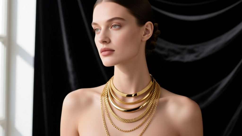 Elegant close-up of a model wearing layered gold necklace chains of varying widths and lengths against a dark silk background