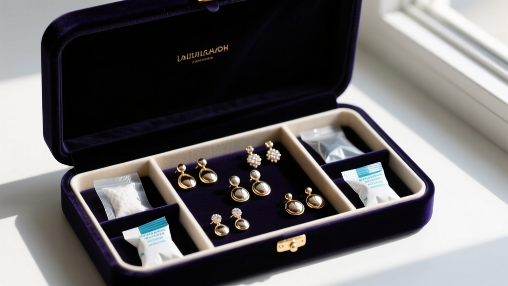 Sealed bags with fashion earrings, silica gel packets, and anti-tarnish strips neatly organized inside a dark velvet box.