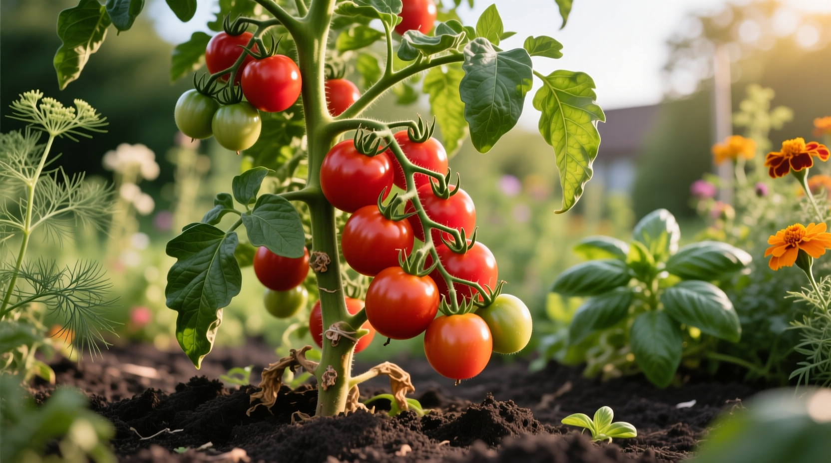 Tomato plant growing in garden with ripe red fruits