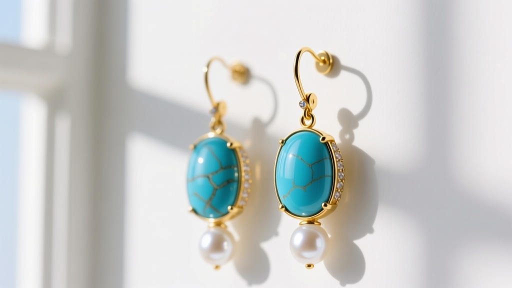 Elegant drop earrings featuring polished blue turquoise cabochons and lustrous white Akoya pearls set in 14k yellow gold bezels.