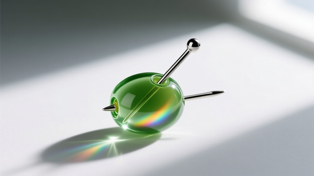 Macro shot of a glass martini olive earring with a silver toothpick, showing light refracting through the translucent green resin