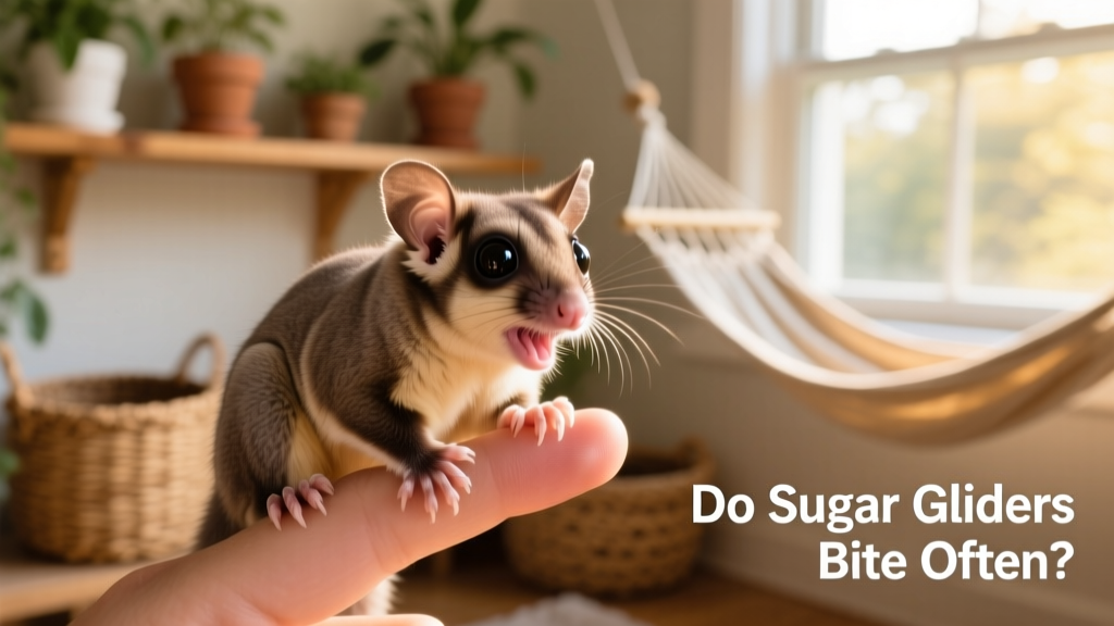 Young sugar glider perched on a finger, mouth slightly open in playful exploration