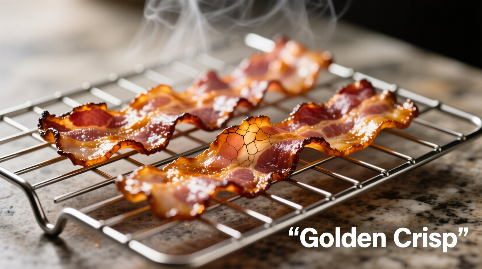 Oven-baked bacon on wire rack with golden crisp texture