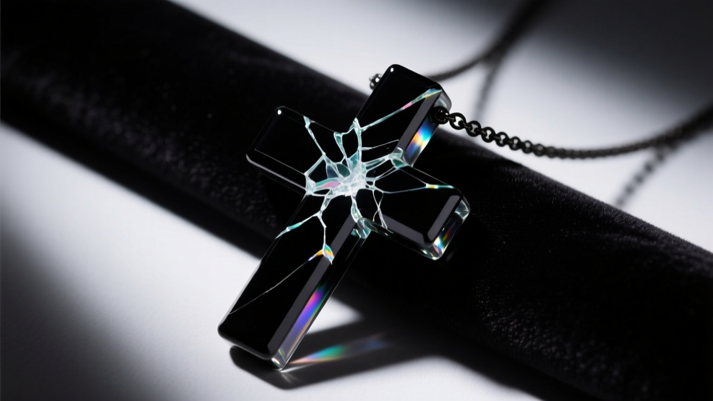 Macro photograph of a cracked black acrylic plastic cross necklace pendant resting on dark velvet under dramatic studio lighting.