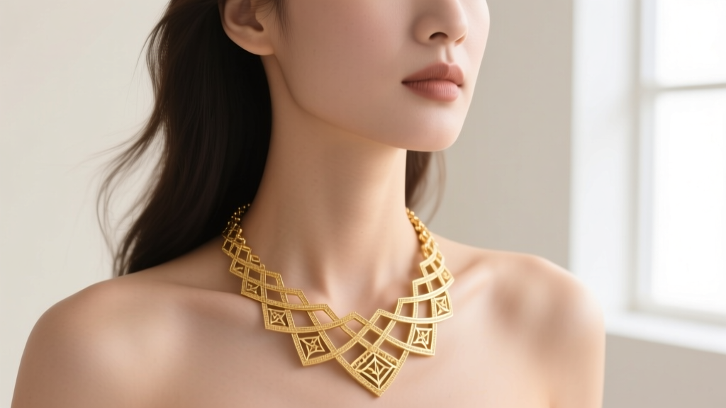 Layered 14k gold necklace on a woman's collarbone, showing a 16-inch choker and 18-inch pendant chain under soft studio lighting.