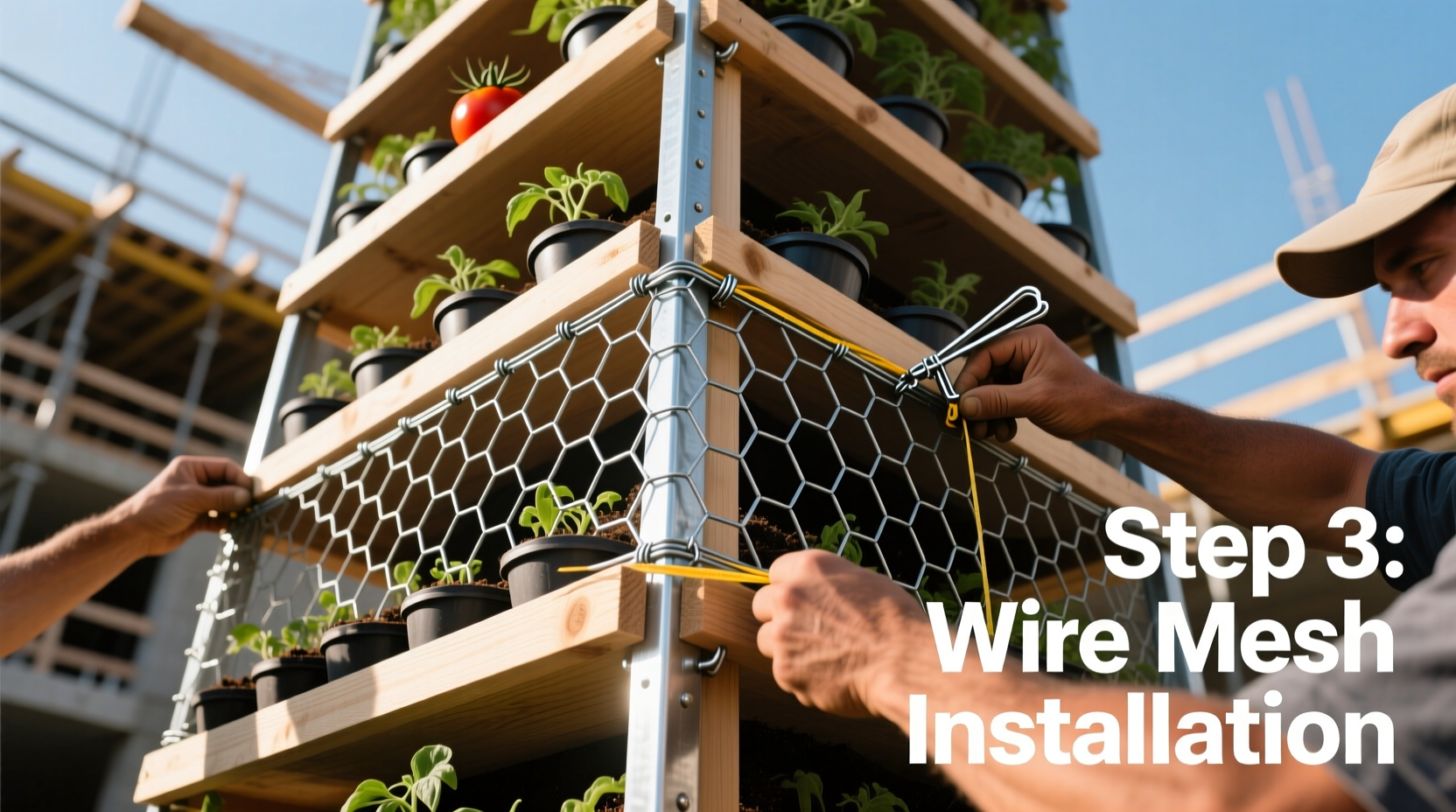 Tomato tower construction step showing wire mesh installation