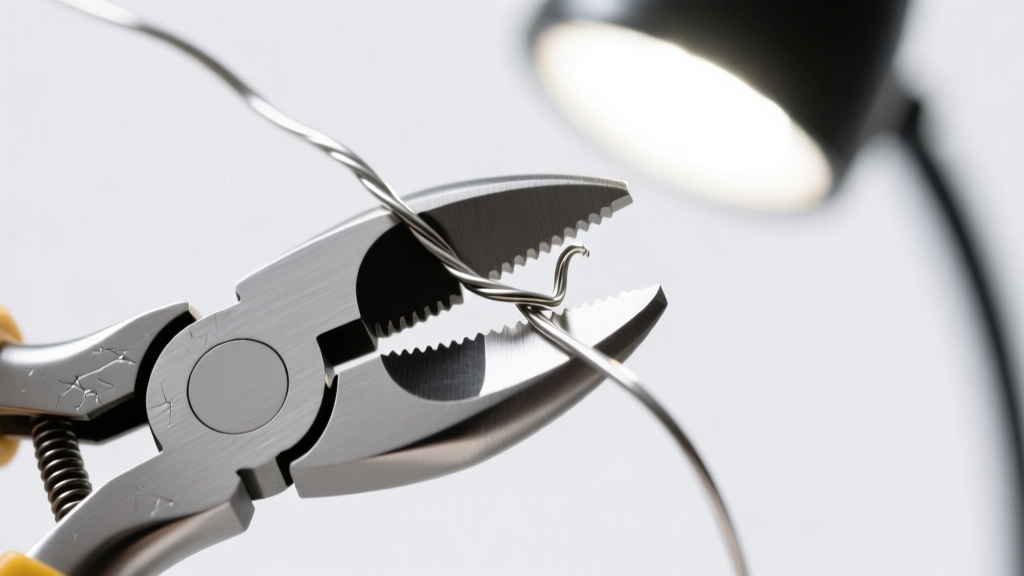 Close-up of flush cutters snipping 20-gauge sterling silver wire, showing the flat cut edge against a bright LED desk lamp light