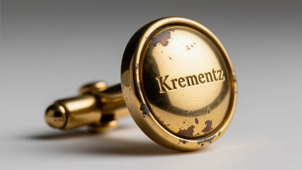 Close-up of vintage Krementz gold-filled cufflink featuring a worn bean-back toggle mechanism showing minor brass bleed on the rim