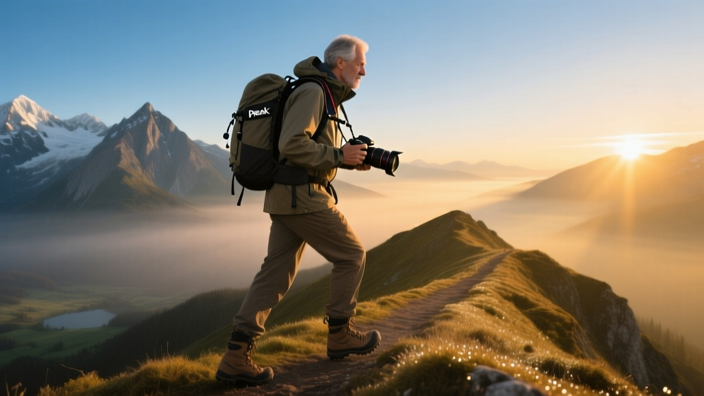 A landscape photographer hiking with a Peak Design Capture Clip holding a heavy mirrorless camera securely on their backpack strap at sunrise.