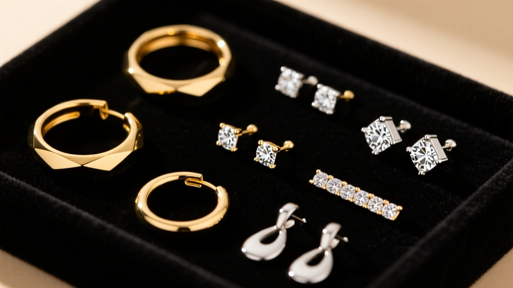 Gold hoops, diamond studs, and silver dangles resting on dark velvet, photographed from above in warm studio light