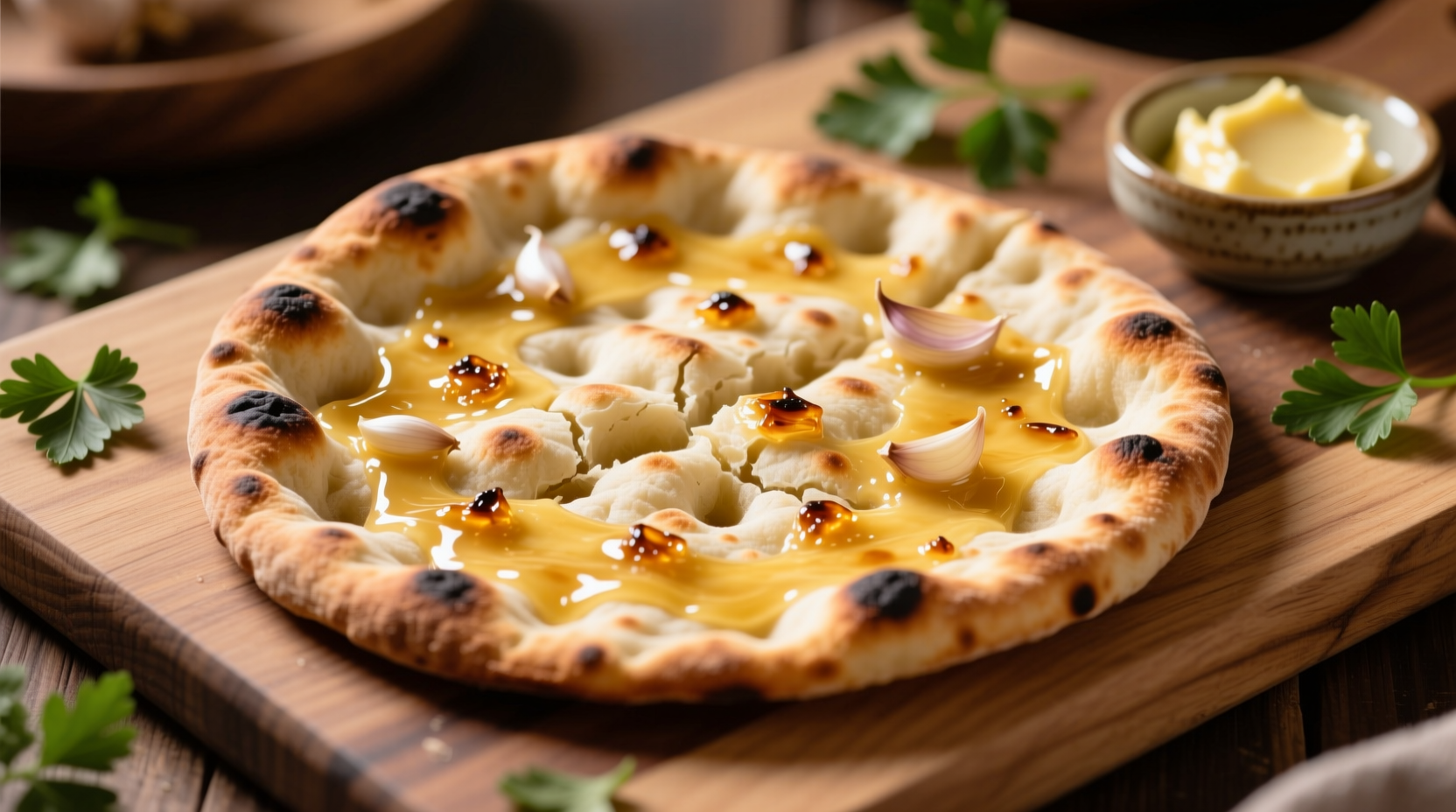 Golden brown garlic flatbread with visible crisp edges