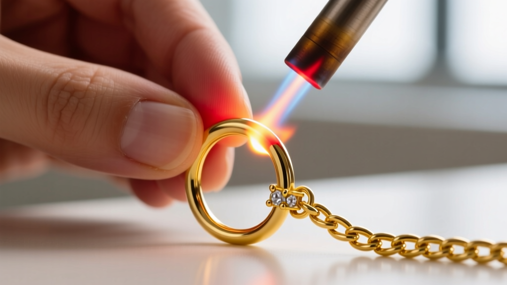 Micro-torch heating a 20-gauge gold jump ring with easy solder to attach a clasp to a shortened 18-inch yellow gold figaro chain