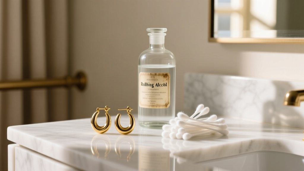 Vintage gold hoop earrings resting on a marble vanity beside a glass apothecary bottle of rubbing alcohol and cotton swabs.