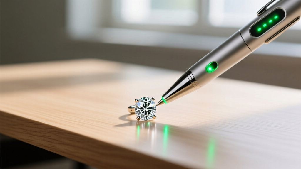 Digital diamond tester pen with glowing green LEDs touching the girdle of a princess-cut earring resting on a clean wooden desk.