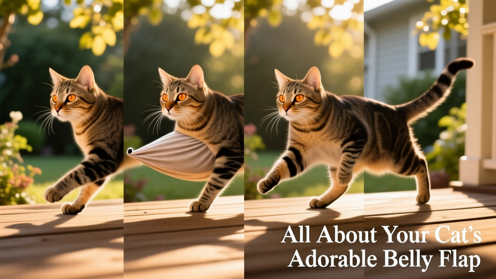 Gif-style collage showing a cat mid-stride with its primordial pouch swinging dramatically from side to side