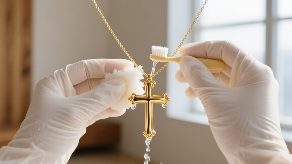Hands wearing nitrile gloves gently scrubbing a 14k gold plain cross necklace with a soft baby toothbrush and mild soapy water.