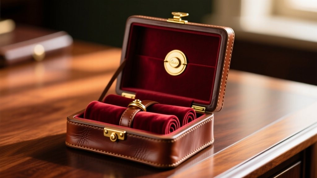 A vintage-style leather book jewelry box open on a mahogany desk, revealing velvet ring rolls and a gold clasp under warm light