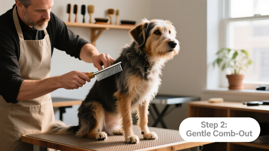 Professional groomer calmly working with a metal comb on a calm, seated dog's hind leg