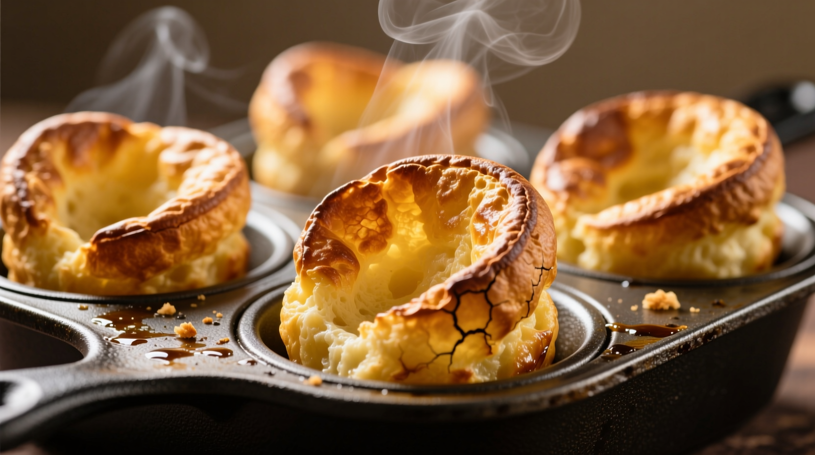 Golden Yorkshire puddings rising in a baking tin