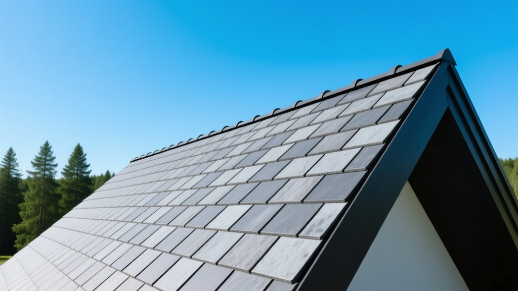 Synthetic polymer slate shingles in weathered grey installed on a steep roof under a bright sky with distant green pine trees.