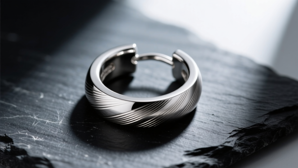Macro shot of a 10-gauge sterling silver mens hoop earring on dark slate, dramatic side lighting highlighting brushed metal texture