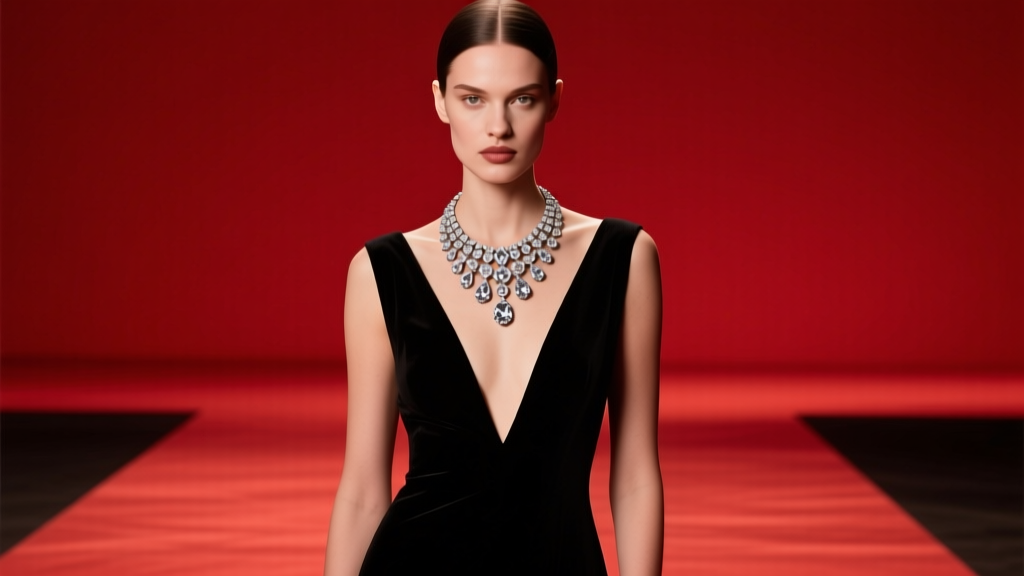 Model in deep V-neck gown wearing a heavy diamond bib necklace on a minimalist red carpet backdrop with soft flash lighting.