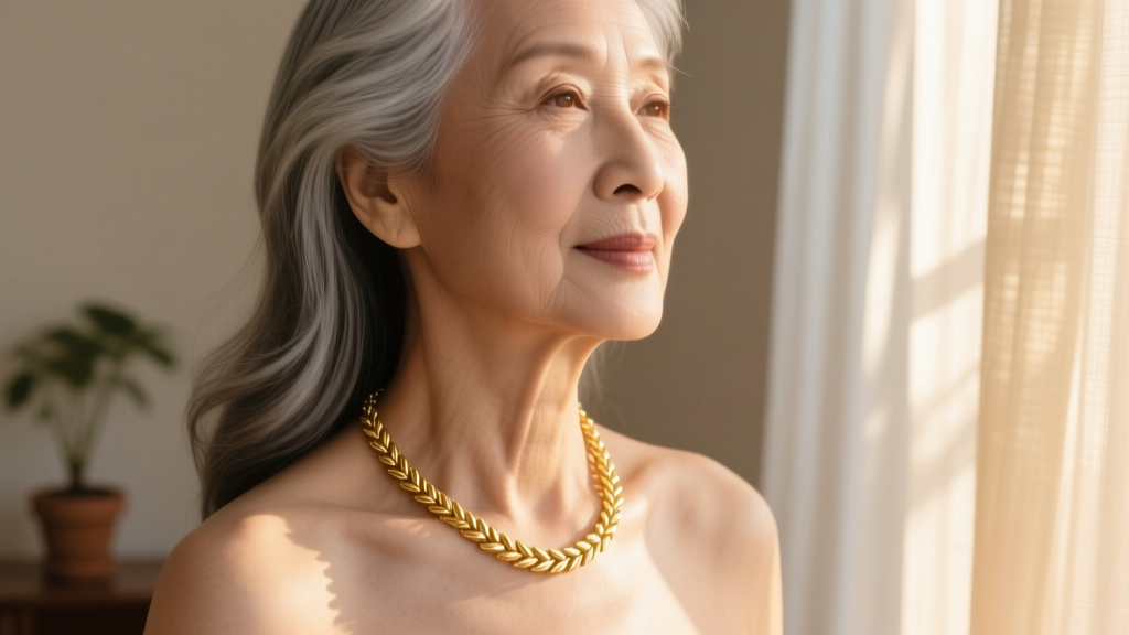 Elegant older woman wearing a 14k gold wheat chain necklace, close up on the collarbone, soft natural window lighting, warm tones