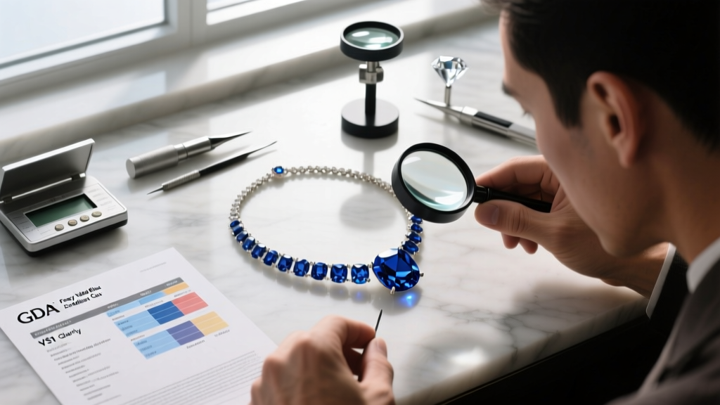 Overhead view of a jeweler inspecting a sapphire choker under a loupe, with gemological tools and a grading report nearby.
