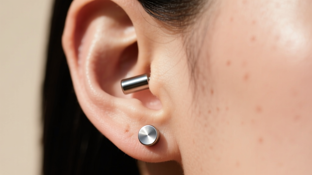 Close-up of an earlobe wearing a titanium flat-back labret, soft lighting highlighting the polished metal post.