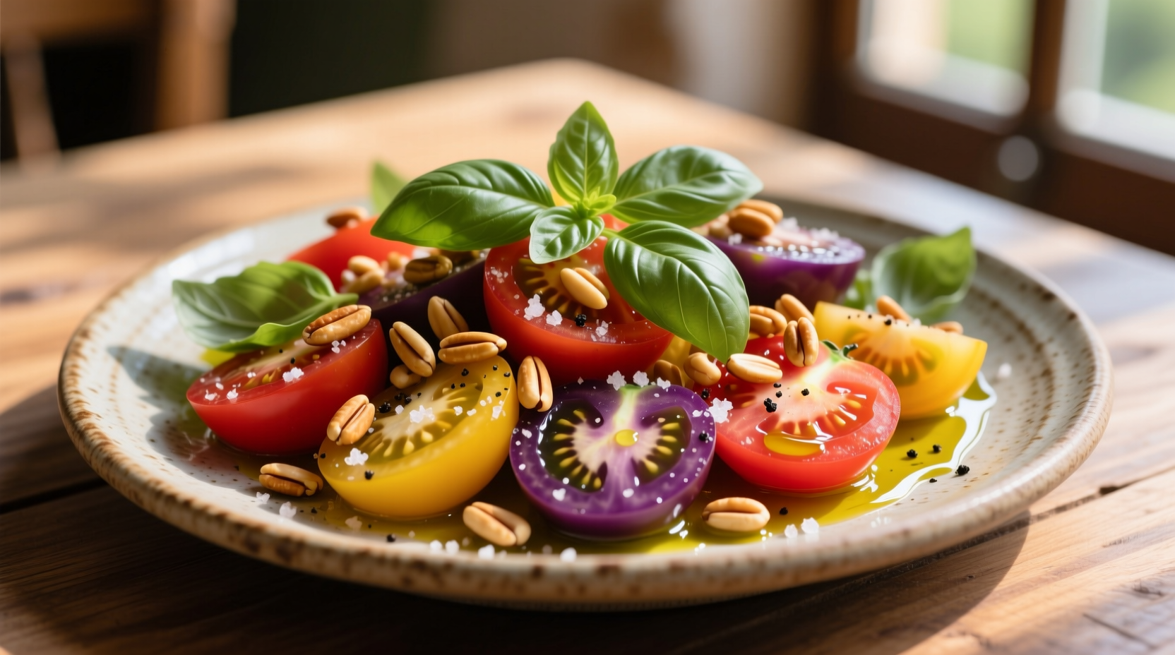 Tomato salad with toasted pine nuts and basil