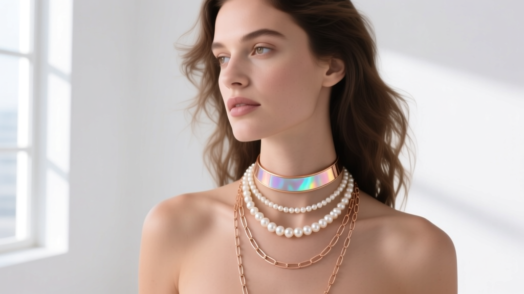 Model wearing a layered necklace stack with a rose gold opal choker, a mid-length pearl strand, and a long rose paperclip chain.