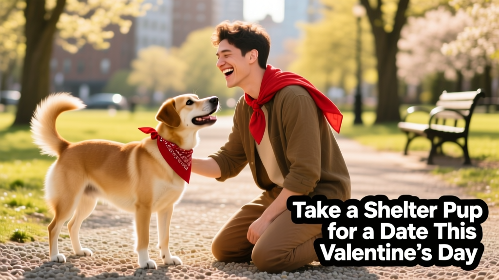 A joyful person kneeling beside a friendly shelter dog on a sunny park path, both wearing festive red bandanas